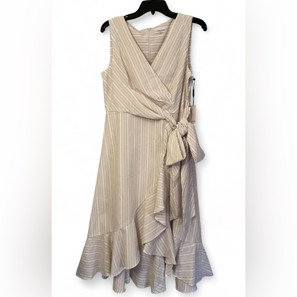 NWT Calvin Klein White and Khaki Striped Midi Dress Womens Size 10